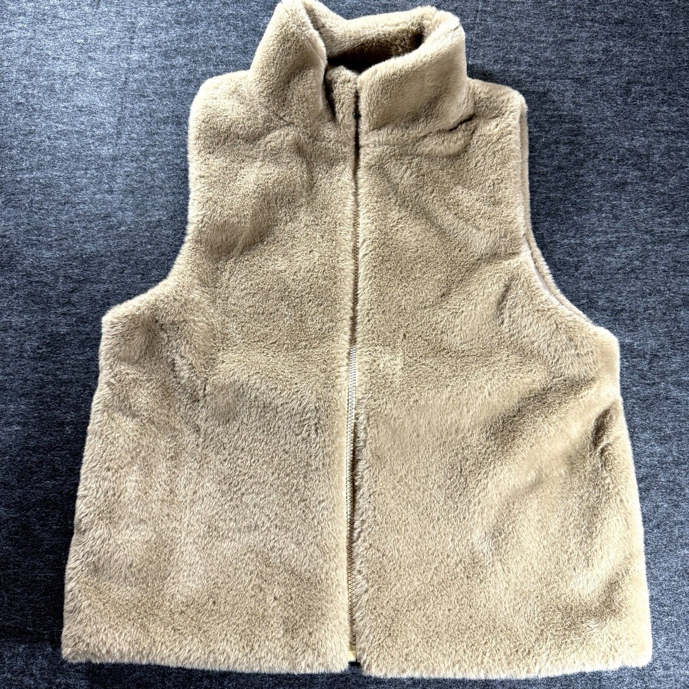 Do Everything In Love Faux Fur Vest Women Medium Tan Brown Full Zip Pocket